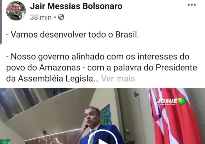 Bolsonaro compartilha post de Josué Neto sobre cana-de-açúcar na Amazônia