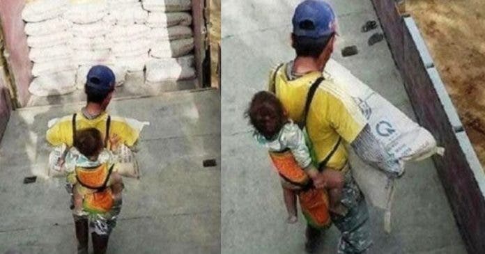 Pai viúvo carrega o filho nas costas enquanto trabalha na construção