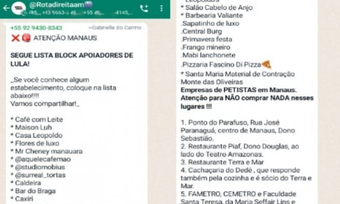Bolsonaristas expõem empresários de Manaus que apoiaram Lula e pedem boicote aos estabelecimentos deles