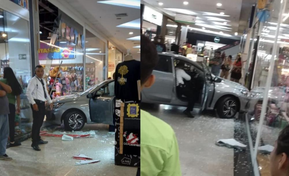 Mulher tenta manobrar carro em shopping de Manaus, mas destrói loja