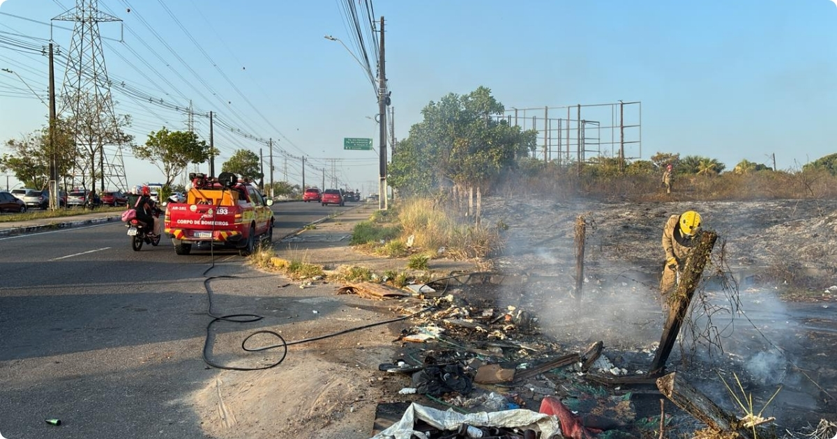 Fogo atinge área de mata na Avenida das Torres, em Manaus