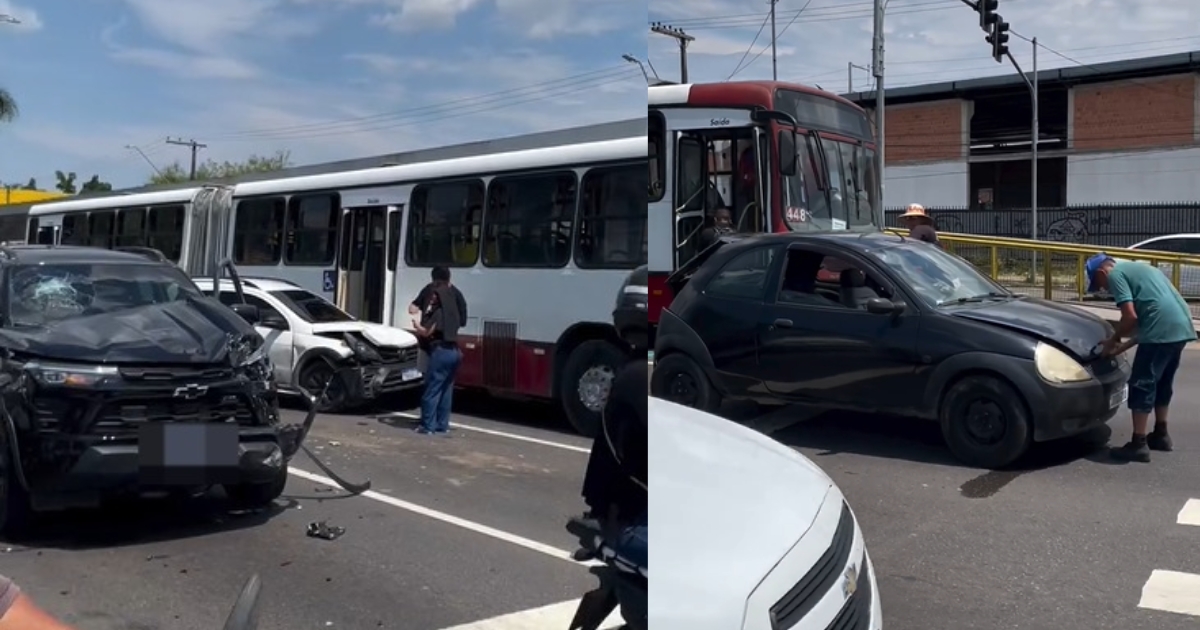 Acidente envolvendo quatro carros e ônibus deixa trânsito lento em Manaus